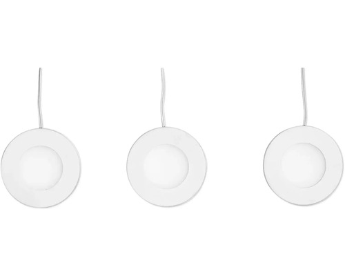 Drei runde LED-Einbauleuchten mit Kabelaufhängung.