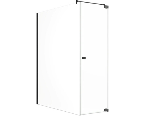 Porte de douche avec paroi latérale Jungborn SETTE porte pivotante à droite paroi latérale à gauche 170 x 75 cm profilé noir mat verre transparent avec revêtement de verre résistant à la saleté et poignée bouton Cabine de douche avec verre et ferrures