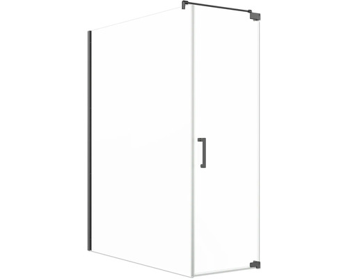 Porte de douche avec paroi latérale Jungborn SETTE porte pivotante à droite paroi latérale à gauche 170 x 75 cm profilé noir mat verre transparent avec revêtement de verre résistant à la saleté et poignée barre Douche d''angle avec porte en verre et poignée