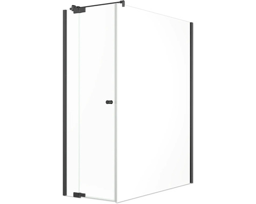 Jungborn Duschtür mit Seitenwand SETTE Drehtür mit Festteil links und Seitenwand rechts 90 x 170 cm Profil schwarz matt Klarglas mit schmutzabweisende Glasbeschichtung und Puffergriff Duschabtrennung mit Tür aus Klarglas
