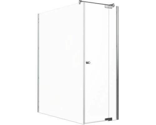 Porte de douche avec paroi latérale Jungborn SETTE porte pivotante avec partie fixe à droite et paroi latérale à gauche 170 x 80 cm profilé chrome verre transparent avec revêtement de verre résistant à la saleté et poignée bouton Cabine de douche avec porte en verre