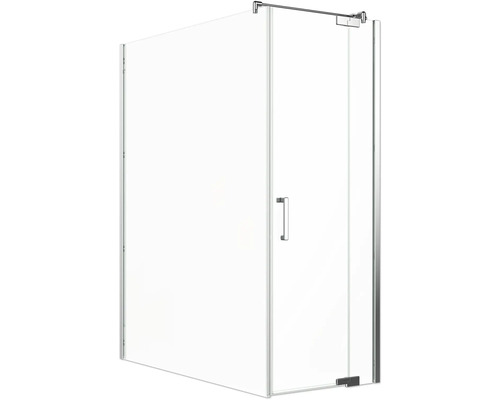 Porte de douche avec paroi latérale Jungborn SETTE porte pivotante avec partie fixe à droite et paroi latérale à gauche 140 x 80 cm profilé chrome verre transparent avec revêtement de verre résistant à la saleté et poignée barre Cabine de douche avec porte en verre et poignée