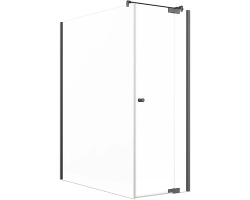 Porte de douche avec paroi latérale Jungborn SETTE porte pivotante avec partie fixe à droite et paroi latérale à gauche 160 x 80 cm profilé noir mat verre transparent avec revêtement de verre résistant à la saleté et poignée bouton Cabine de douche avec façade en verre et porte