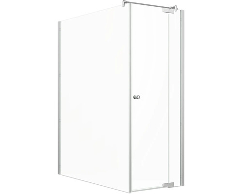 Porte de douche avec paroi latérale Jungborn SETTE porte pivotante avec partie fixe à droite et paroi latérale à gauche 170 x 90 cm profilé argent verre transparent avec revêtement de verre résistant à la saleté et poignée bouton Cabine de douche avec porte en verre
