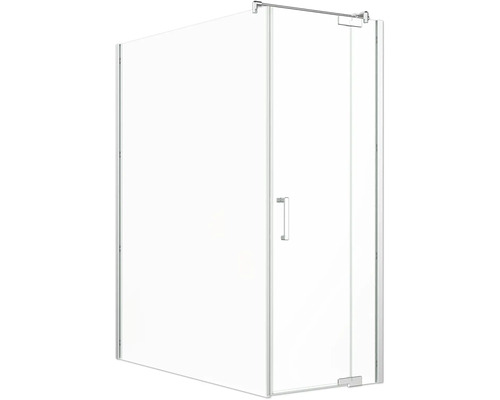 Porte de douche avec paroi latérale Jungborn SETTE porte pivotante avec partie fixe à droite et paroi latérale à gauche 140 x 90 cm profilé argent verre transparent avec revêtement de verre résistant à la saleté et poignée barre Cabine de douche avec porte en verre et poignée