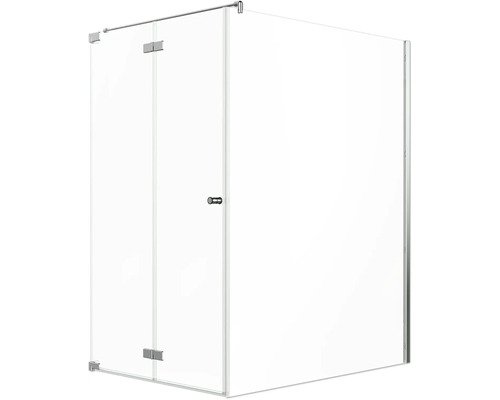 Porte de douche avec paroi latérale Jungborn SETTE porte à vantaux pliants et tournants à gauche paroi latérale à droite 120 x 120 cm profilé chrome verre transparent avec revêtement de verre résistant à la saleté et poignée bouton Cabine de douche avec porte en verre et ferrures