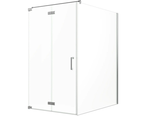 Porte de douche avec paroi latérale Jungborn SETTE porte à vantaux pliants et tournants à gauche paroi latérale à droite 120 x 170 cm profilé chrome verre transparent avec revêtement de verre résistant à la saleté et poignée barre Cabine de douche d''angle avec porte en verre