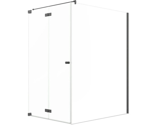 Porte de douche avec paroi latérale Jungborn SETTE porte à vantaux pliants et tournants à gauche paroi latérale à droite 120 x 170 cm profilé noir mat verre transparent avec revêtement de verre résistant à la saleté et poignée bouton Cabine de douche avec porte en verre clair