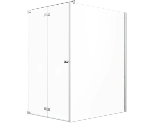 Porte de douche avec paroi latérale Jungborn SETTE porte à vantaux pliants et tournants à gauche paroi latérale à droite 120 x 160 cm profilé argent verre transparent avec revêtement de verre résistant à la saleté et poignée bouton Cabine de douche en verre avec porte