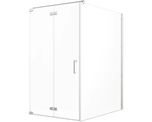 Porte de douche avec paroi latérale Jungborn SETTE porte à vantaux pliants et tournants à gauche paroi latérale à droite 120 x 140 cm profilé argent verre transparent avec revêtement de verre résistant à la saleté et poignée barre Cabine de douche d''angle avec porte en verre