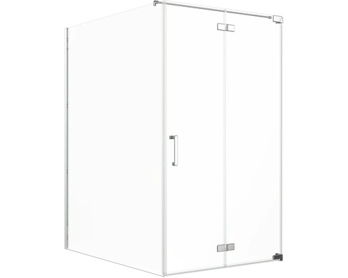 Porte de douche avec paroi latérale Jungborn SETTE porte à vantaux pliants et tournants à droite paroi latérale à gauche 140 x 120 cm profilé chrome verre transparent avec revêtement de verre résistant à la saleté et poignée barre Cabine de douche d''angle avec portes en verre