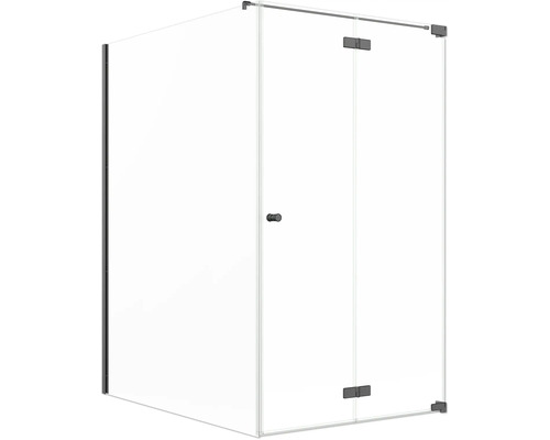 Porte de douche avec paroi latérale Jungborn SETTE porte à vantaux pliants et tournants à droite paroi latérale à gauche 120 x 120 cm profilé noir verre transparent avec revêtement de verre résistant à la saleté et poignée bouton