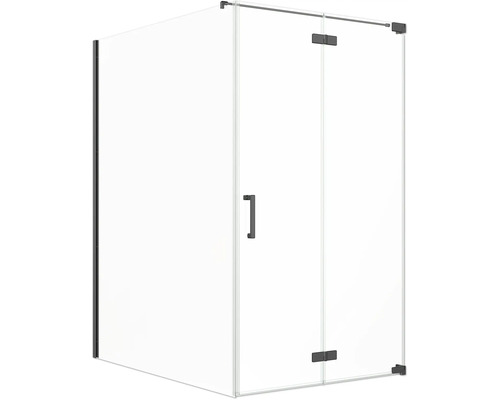 Porte de douche avec paroi latérale Jungborn SETTE porte à vantaux pliants et tournants à droite paroi latérale à gauche 140 x 120 cm profilé noir verre transparent avec revêtement de verre résistant à la saleté et poignée bouton Cabine de douche en verre avec porte