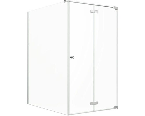 Porte de douche avec paroi latérale Jungborn SETTE porte à vantaux pliants et tournants à droite paroi latérale à gauche 140 x 120 cm profilé argent verre transparent avec revêtement de verre résistant à la saleté et poignée bouton Cabine de douche avec portes en verre transparent et ferrures chromées