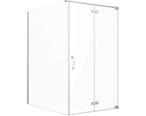 Porte de douche avec paroi latérale Jungborn SETTE porte à vantaux pliants et tournants à droite paroi latérale à gauche 160 x 120 cm profilé argent verre transparent avec revêtement de verre résistant à la saleté et poignée bouton Cabine de douche d''angle avec portes en verre et poignée