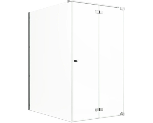 Porte de douche avec paroi latérale Jungborn SETTE porte à vantaux pliants et tournants à droite paroi latérale à gauche 120 x 120 cm profilé chrome verre transparent avec revêtement de verre résistant à la saleté et poignée bouton Cabine de douche avec portes en verre