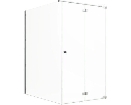 Porte de douche avec paroi latérale Jungborn SETTE porte à vantaux pliants et tournants à droite paroi latérale à gauche 140 x 120 cm profilé chrome verre transparent avec revêtement de verre résistant à la saleté et poignée bouton Cabine de douche d''angle avec façade en verre et porte battante