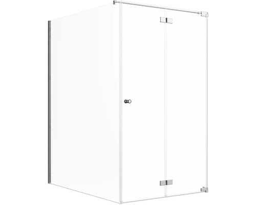 Porte de douche avec paroi latérale Jungborn SETTE porte à vantaux pliants et tournants à droite paroi latérale à gauche 160 x 120 cm profilé chrome verre transparent avec revêtement de verre résistant à la saleté et poignée bouton Cabine de douche d''angle avec parois en verre transparent et ferrures argentées