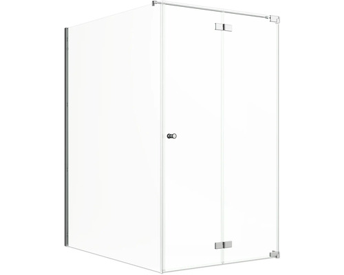 Porte de douche avec paroi latérale Jungborn SETTE porte à vantaux pliants et tournants à droite paroi latérale à gauche 170 x 120 cm profilé chrome verre transparent avec revêtement de verre résistant à la saleté et poignée bouton Cabine de douche avec portes en verre et ferrures métalliques