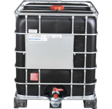 Conteneur GRV noir avec robinet de vidange et cage grillagée.