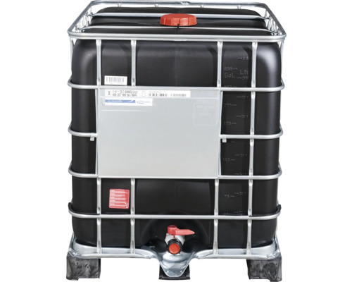 Conteneur GRV noir avec robinet de vidange et cage grillagée.