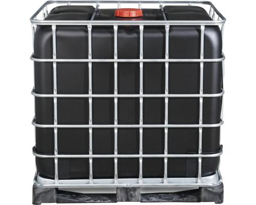 Conteneur GRV noir avec cage grillagée sur palette