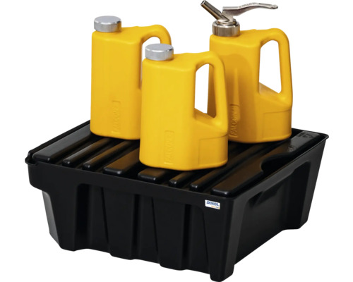 Auffangwanne mit gelben Behältern zur sicheren Lagerung von Flüssigkeiten