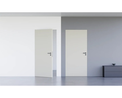 Porte d'intérieur affleurante Pertura Vidar HPL RAL 7037 gris poussière 883x2001 mm serrure à loquet magnétique pour WC acier inoxydable tirant gauche (ouverture vers l'extérieur)