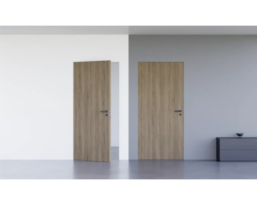 Porte d'intérieur affleurante Pertura Vidar HPL chêne gris 1008x2376 mm serrure à loquet magnétique pour WC acier inoxydable tirant gauche (ouverture vers l'extérieur)