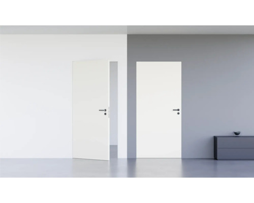 Porte d'intérieur affleurante Pertura Vidar laquée RAL 9016 blanc signalisation 883x2001 mm serrure à loquet magnétique pour WC acier inoxydable tirant gauche (ouverture vers l'extérieur)