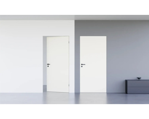 Porte d'intérieur affleurante Pertura Vidar laquée RAL 9016 blanc signalisation 758x2001 mm serrure à loquet magnétique pour WC acier inoxydable tirant gauche reverse (ouverture vers l'intérieur)