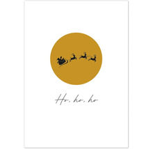 Illustration avec le Père Noël dans son traîneau devant un cercle jaune et l''inscription Ho, ho, ho