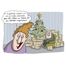 "Dessin humoristique avec un couple, un sapin de Noël et de nombreux paquets 