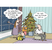 Dessin humoristique d''une famille à Noël avec un sapin de Noël et des cadeaux