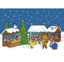 Illustration d''un marché de Noël avec différents stands et personnages