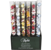 Boules de Noël en verre dans des tubes avec différents motifs