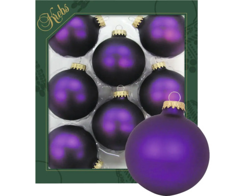 Weihnachtsbaumkugeln Glas aubergine 8 Stück Acht violette Weihnachtskugeln in einer Verpackung.