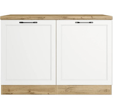 Meuble bas avec deux portes blanches et aspect bois