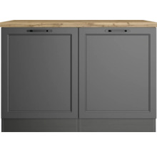 Meuble bas avec deux portes grises et plan de travail aspect bois