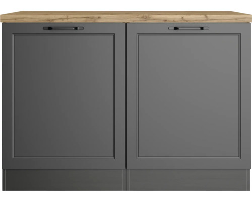 Meuble bas avec deux portes grises et plan de travail aspect bois