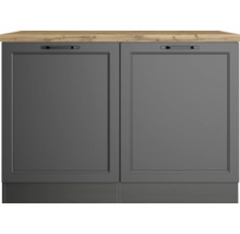 Meuble bas avec deux portes grises et un plateau en bois clair