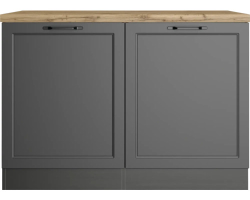 Meuble bas avec deux portes grises et un plateau en bois clair