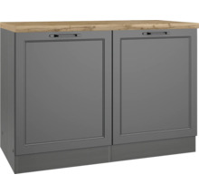 Meuble bas avec deux portes grises et un plateau en bois clair