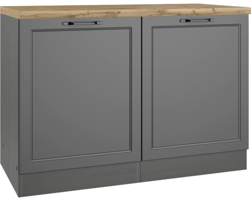 Held Möbel Spülenschrank Lübeck BxTxH 120 x 60 x 86 cm grau matt zerlegt 667.6331 Meuble bas avec deux portes grises et un plateau en bois clair