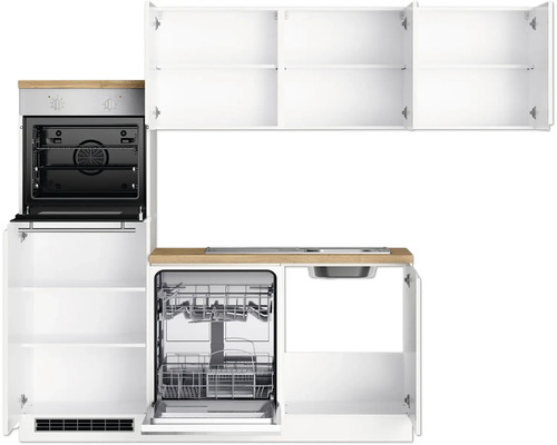 Küchenzeile mit Spüle, Geschirrspüler, Backofen und offenen Schränken