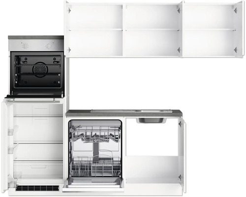 Küchenzeile mit Backofen, Kühlschrank, Geschirrspüler, Spüle und Hängeschränken