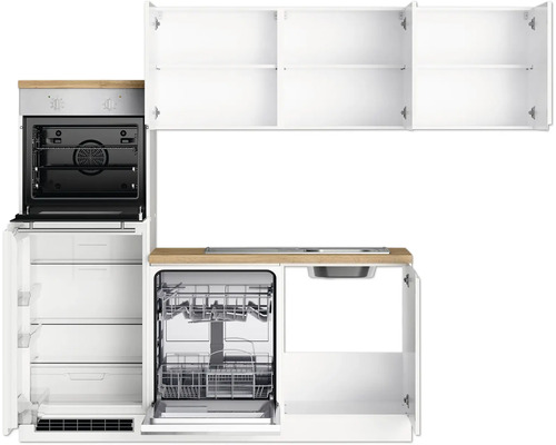 Küchenzeile mit Backofen, Kühlschrank, Geschirrspüler, Spüle und Hängeschränken