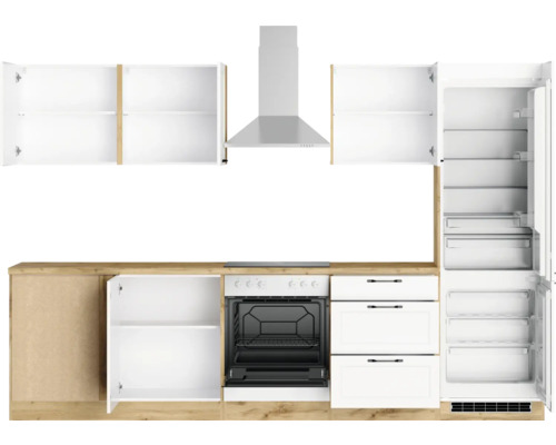 Cuisine avec éléments hauts, hotte aspirante, cuisinière, tiroirs et réfrigérateur