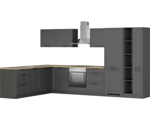 Komplette graue Küche mit Dunstabzugshaube, Spüle, Herd und Backofen.