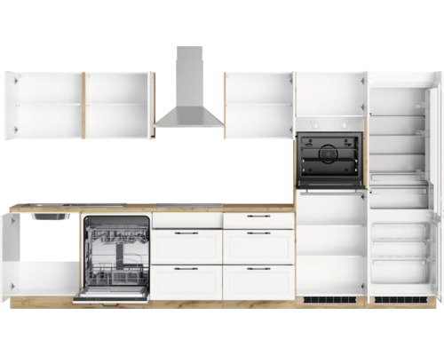 Küchenzeile mit Spüle, Geschirrspüler, Schubladen, Dunstabzugshaube, Backofen und Kühlschrank
